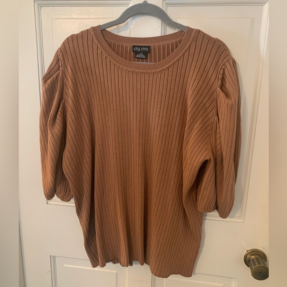 City Chic 3X Toffee colored heavy ribbed knit puff sleeve top